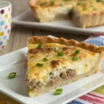 A golden-brown sausage quiche with a flaky crust, filled with savory sausage, eggs, and cheese, served on a white plate with fresh herbs for garnish.